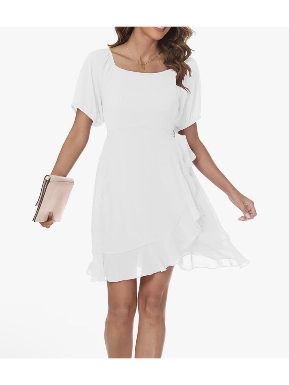 480 NWT Dokotoo XL 23" PTP White Ruffle Dress Shear Sleeves Ribbon Belt R0000480